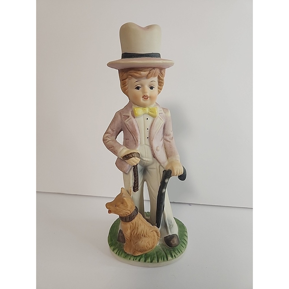 Vintage Porcelain Figurine Boy with Dog Child in Top Hat Cane Made In Tawain